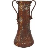 English Arts & Crafts, double-handled vase, circa 1900, copper, wrought iron, 6"w x 5.25"d x 10.75"h