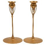 Tiffany Studios, candlesticks, #1210, pair, New York, NY, dore bronze, stamped, numbered, 5"dia x