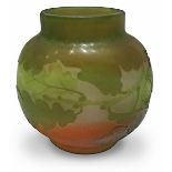 Galle, Oak Branches vase, Nancy, France, cameo cut glass, signed, 3.5"dia x 3.5"h Green on red to