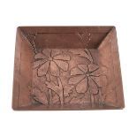 Carence Crafters, Daisy dish, Chicago, IL, acid-etched copper, stamped marks, 3 1/2"sq x 5/8"h Old