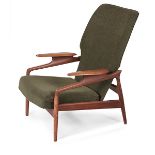 Mid-century Modern, reclining lounge chair, Denmark, 1960s, teak, brass, upholstery, unsigned, three
