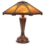 Limbert, attribution, table lamp, Grand Rapids, MI, hand wrought copper, slag glass, unsigned, 25"