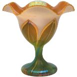 Quezal, footed vase, #837, New York, NY, pulled-feather decorated glass, signed, numbered, 5"dia x