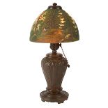 The Handel Lamp Company, desk lamp, Meriden, CT, reverse and obverse painted chipped ice glass,