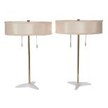 Stiffel, table lamps, pair, USA, 1950s, brass, enameled metal, silk, with shades: 14.75"dia x 21.