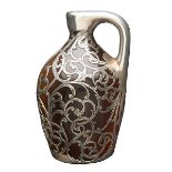 J.B. Owens, Utopian, Grapes jug, #954, Zanesville, OH, brown glazed ceramic, silver overlay,
