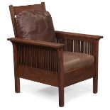 Gustav Stickley, fixed back spindle armchair, #390, Eastwood, NY, oak, unsigned, 29"w x 31"d x 38.