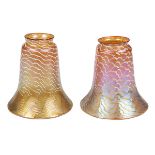 Quezal, shades, two, Queens, NY, iridescent glass, stamped Quezal, tallest: 4.75"dia x 5.5"h Each of