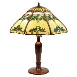 The Handel Lamp Company, table lamp, Meriden, CT, patinated metal, slag glass, shade stamped, 18"dia