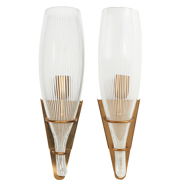 Venini, sconces, pair, Murano, Italy, 1950s, brass-plated metal, a canne glass shades in transparent