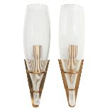 Venini, sconces, pair, Murano, Italy, 1950s, brass-plated metal, a canne glass shades in transparent