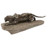 Leon Bureau, (French, 1866-1906) Stalking Cat, bronze, signed on the base, 6.5"h x 17.5"w x 4"d (