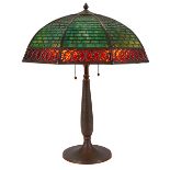 The Handel Lamp Company, table lamp, Meriden, CT, bronzed metal, slag glass, shade with tag, base