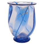Italian, vase, Murano, blue and colorless glass, gold leaf inclusions, applied foot, unsigned, 6"w x
