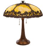 Bradley and Hubbard, table lamp, Meriden, CT, bronzed metal, slag glass, 18"dia x 20"h Floral