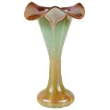 Quezal, trumpet vase, #1029, Queens, NY, iridescent glass, etched signature, numbered, 4.5"dia x 8"h