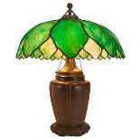 The Handel Lamp Company, table lamp, Meriden, CT, bronzed metal, slag glass, shade signed, base