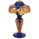 La Verre Francais, table lamp, France, cameo cut glass, wrought iron, candy cane signature, 10.25"