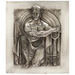 Art Deco, Security relief plaque, silvered bronze, 12.5"w x 14"h Depicting a kneeling Roman guard,