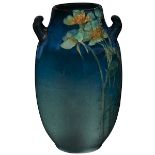 Sallie Coyne (1876-1939) for Rookwood Pottery, handled vase, #77C, Cincinnati, OH, 1901, Sea Green