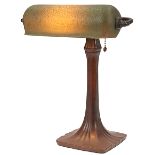 The Handel Lamp Company, Mosserine desk lamp, #6028, Meriden, CT, painted glass, bronze, base and