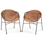 Dan Johnson for Dan Johnson, Inc., Tropical Peel chairs, pair, USA, 1950s, hand-woven rattan, steel,