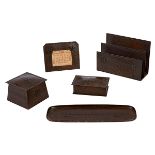 The Roycrofters, five-piece desk set, East Aurora, NY, hammered copper, signed, pen tray, letter