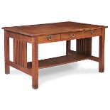Gustav Stickley, spindle library table, #659, Eastwood, NY, oak, copper, signed with large red