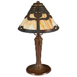 The Handel Lamp Company, table lamp, Meriden, CT, slag glass, patinated metal, tag to base, 8"dia