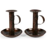 Gustav Stickley, candlesticks, #74, pair, Eastwood, NY, hammered copper, signed with joiner's