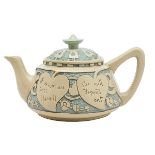 Rozane Ware, Della Robbia teapot, Zanesville, OH, carved and polychrome glazed ceramic, marked,