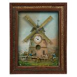 German, Windmill Village Scene automaton living picture clock, glass, wood, paper, 16.25"w x 6.25"