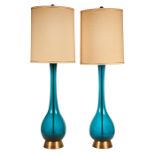 Blenko Glass Company, attribution, large table lamps, pair, 1950s, turquoise blue glass, brass,