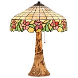 American, table lamp, leaded glass, various materials, unsigned, 18"dia x 23.5"h Shade of dome form,