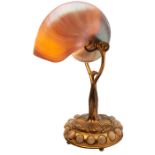 Tiffany Studios, Nautilus desk lamp, #28629, New York, NY, dore bronze, inset abalone shell, signed,