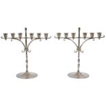 The Roycrofters, six-light candelabra, pair, East Aurora, NY, silvered hammered copper, impressed