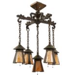 Arts & Crafts, five-light chandelier, iron, slag glass, 20"w x 20"d x 34"h Original patina. Needs