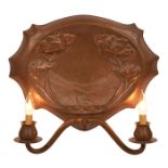 California School Arts & Crafts, two-light sconce, hammered copper, 19.5"w x 4.5"d x 18"h
