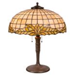 American, table lamp, leaded glass, brass wash, unsigned, 18"w x 22"d, The shade of dome form, the