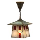 Arts & Crafts, hanging lantern, brass, slag and leaded glass, 10.5"w x 10.5"d x 21"h overall; glass: