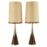 Laurel Lamp Co., table lamps, pair, USA, 1960s, brass-toned metal, wood veneer, original shades, one