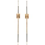 Lightolier, tension floor lamps, pair, USA, 1950s, brass, enameled metal, unsigned, 8"dia x 98"h