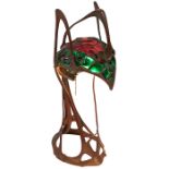 Austrian, Praying Mantis table lamp, cast metal, leaded glass, 6.5"w x 8.5"d x 18"h Very dusty. Some