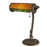 The Handel Lamp Company, desk lamp, Meriden, CT, bronzed metal base, overlay shade with multi-