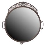 French Art Deco, mirror, wrought iron, 22.75"w x 23.5"h The circular plate within a handled frame,