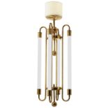 Kaiser & Co., hanging lamp, Germany, 1940s, brass, fluorescent tubes, enameled metal, 14.5"dia x