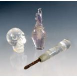 3 Pieces Oriental Rock Crystal Group of Oriental rock crystal, a snuff bottle with squirrel finial