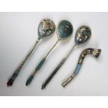 4 Russian Enamel & Silver Pieces 3 spoons and a pipe, enamel decoration, each hallmarked, good