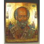 Russian Polychrome Icon St. Nicholas 18th/19th century, Russian, polychrome and partial gilt icon of