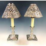 Pair Tiffany Candlesticks and Shades Tiffany & Co. silver soldered candlesticks with decorative